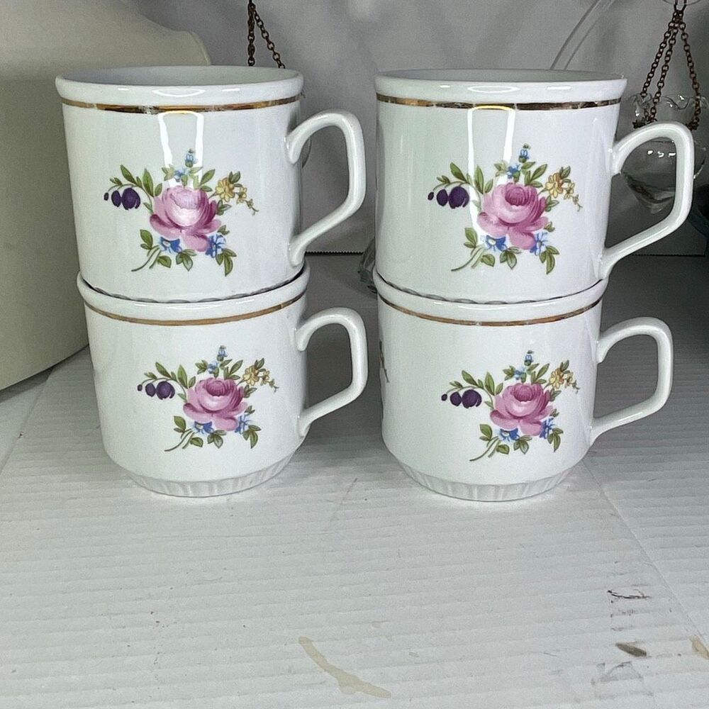 Vintage JLMENAU rose floral lot of 4 coffee mug German Democratic Republic.